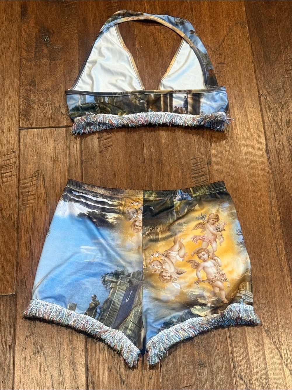 Small / 4 Cherub Print Fringe Halter Crop Top & Shorts Set — Blue, Gold, Brown - Picture 3 of 4